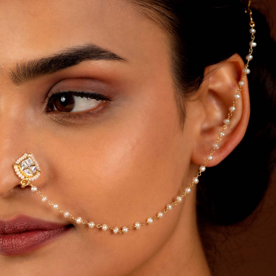 92.5 Silver CZ Nose Ring with Delicate Pearl Chain92.5 Silver CZ Nose Ring