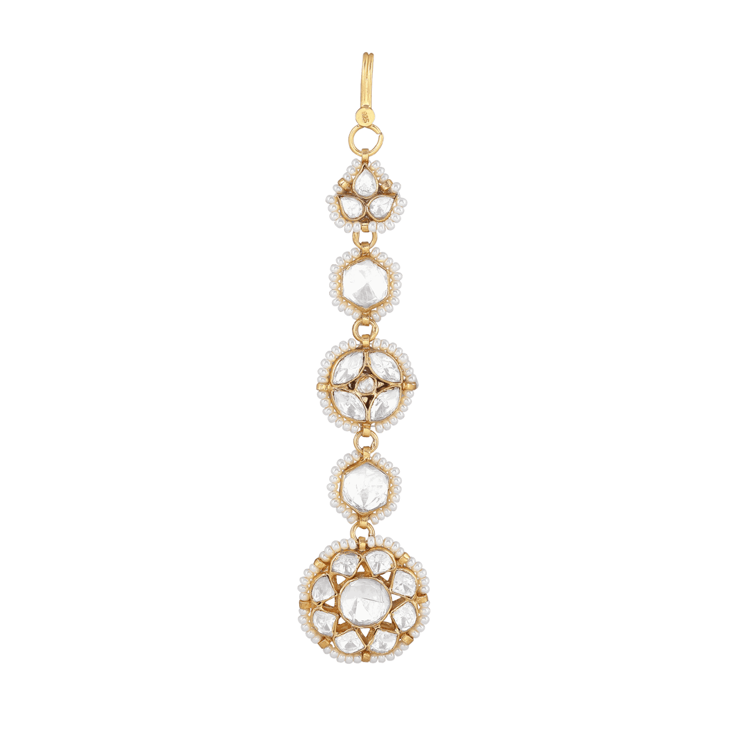 Polki Pattern Maang Tikka featuring gold-tone metal with clear geometric CZ stones in a floral and hexagonal design.