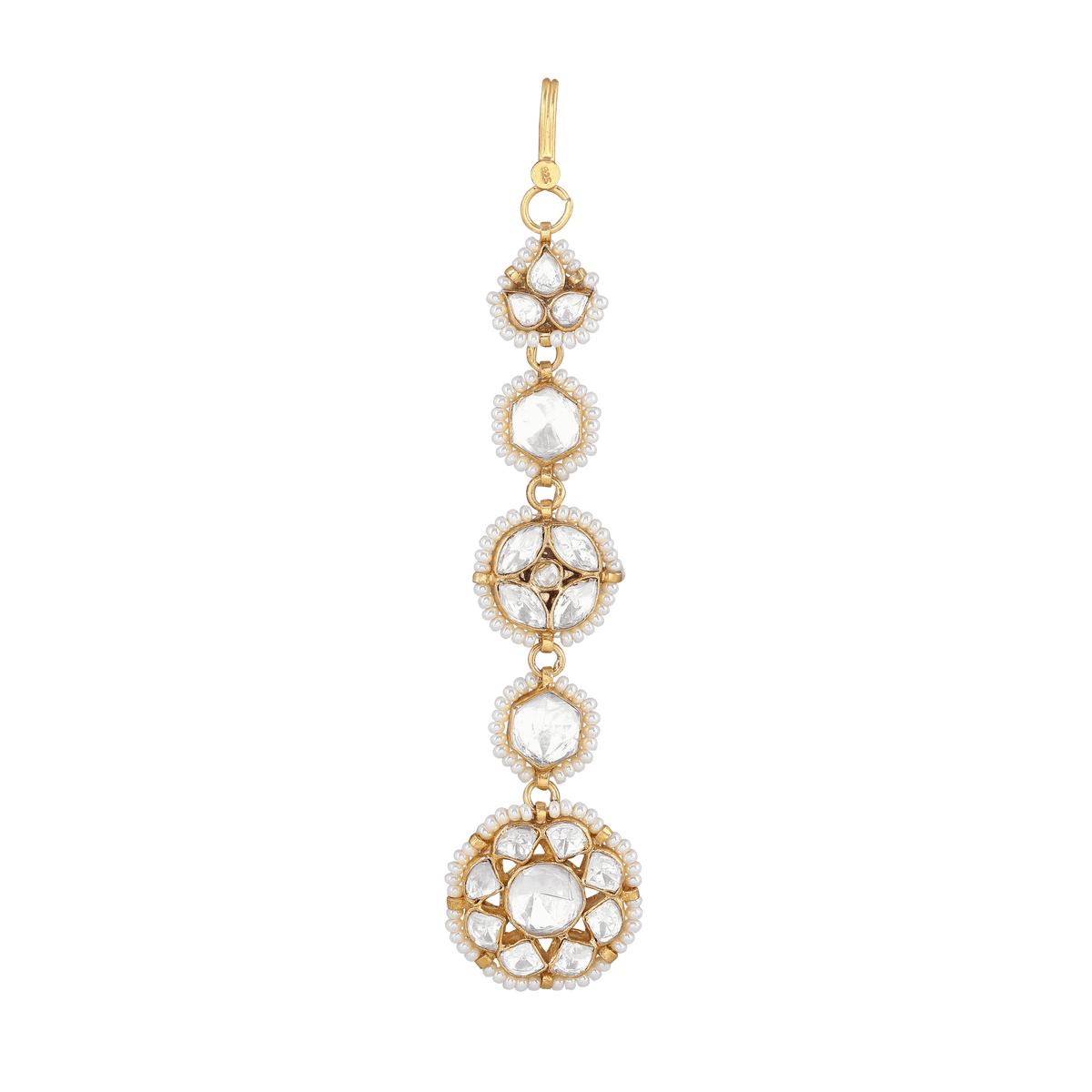 Polki Pattern Maang Tikka featuring gold-tone metal with clear geometric CZ stones in a floral and hexagonal design.