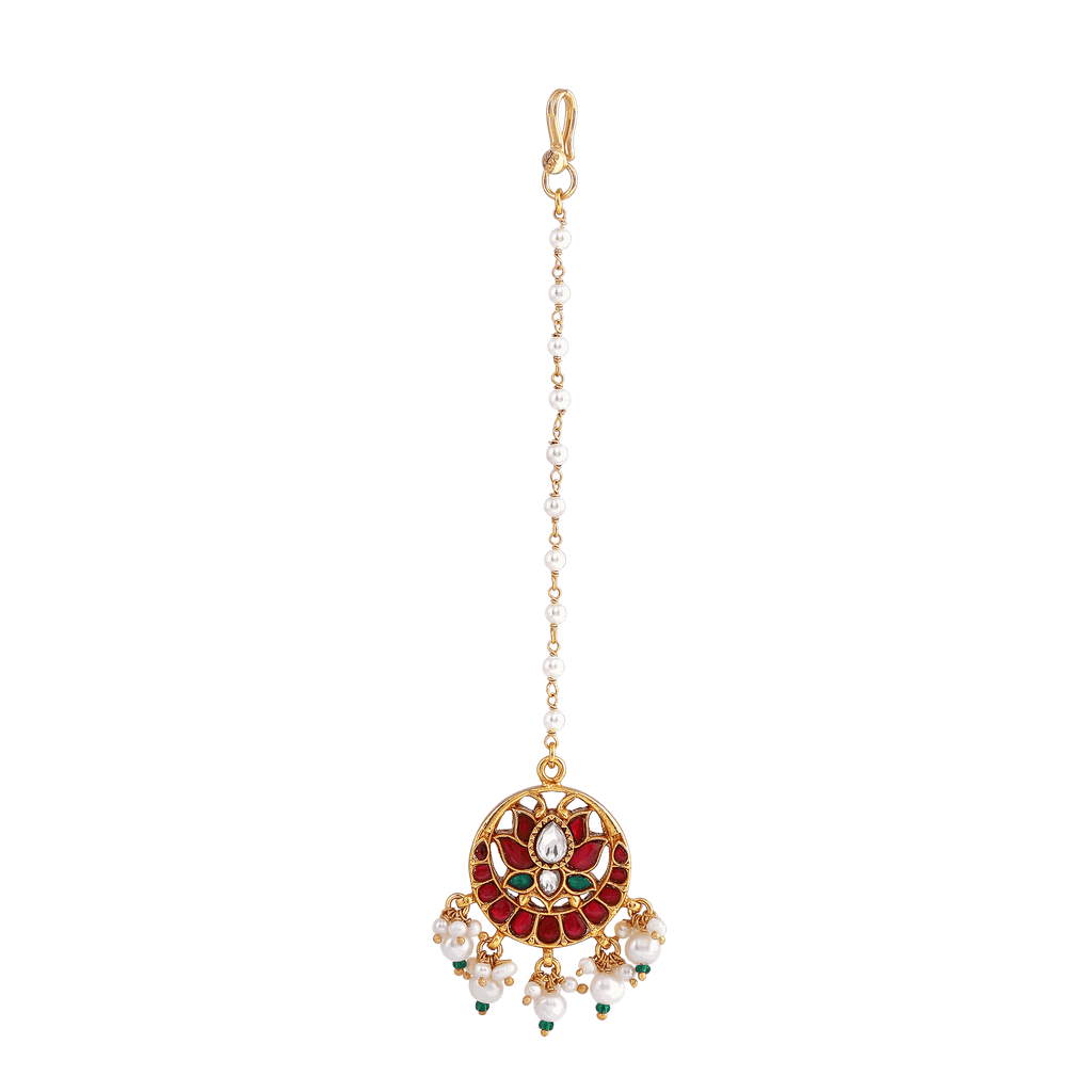 Silver Kundan Pattern Maang Tikka featuring a lotus design with gold-plated silver, red and white stones, and pearl droplets.