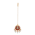 Silver Kundan Pattern Maang Tikka featuring a lotus design with gold-plated silver, red and white stones, and pearl droplets.