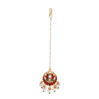 Silver Kundan Pattern Maang Tikka featuring a lotus design with gold-plated silver, red and white stones, and pearl droplets.