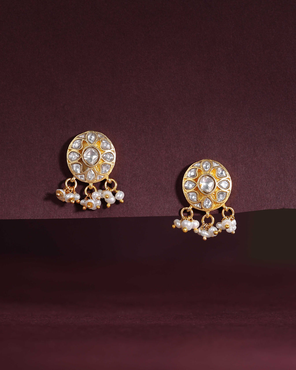 Silver Polki Style CZ Studs with Pearl DropsSilver Polki Style CZ Studs
