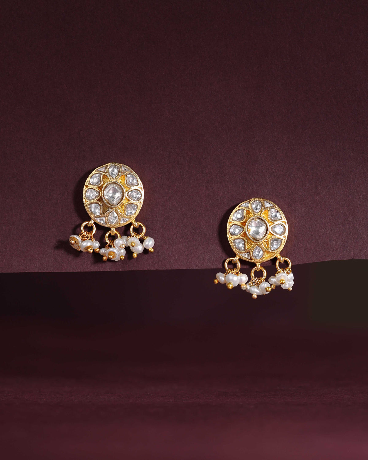 Silver Polki Style CZ Studs with Pearl DropsSilver Polki Style CZ Studs