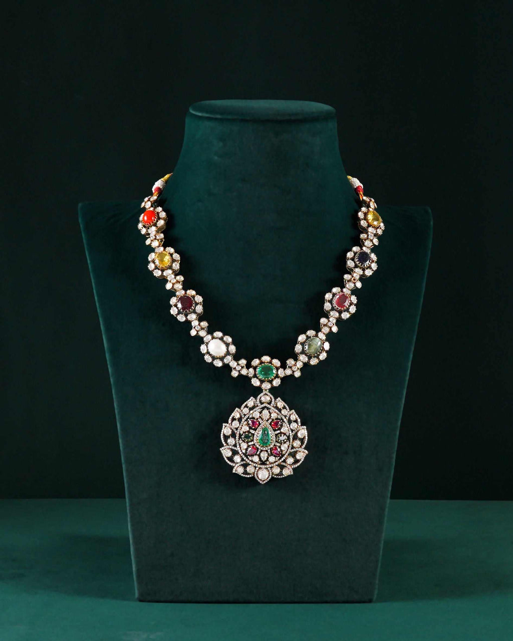 Silver Navaratna Polki Pattern Necklace with CZ Floral MedallionSilver Navaratna Necklace