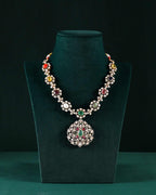 Silver Navaratna Polki Pattern Necklace with CZ Floral MedallionSilver Navaratna Necklace