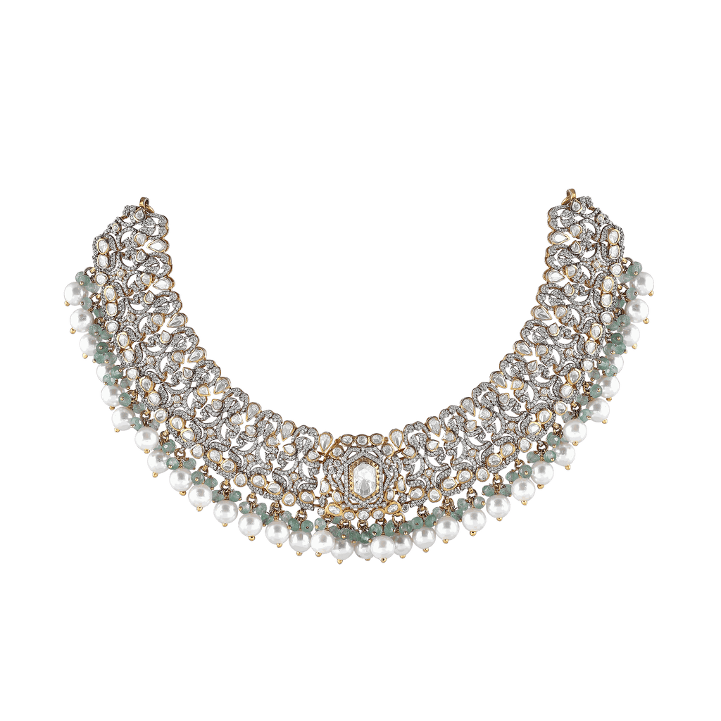 Silver Polki Pattern Short Necklace featuring intricate clear stones, floral motifs, pearl drops, and mint-green bead accents in sterling silver.