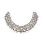 Silver Polki Pattern Short Necklace featuring intricate clear stones, floral motifs, pearl drops, and mint-green bead accents in sterling silver.