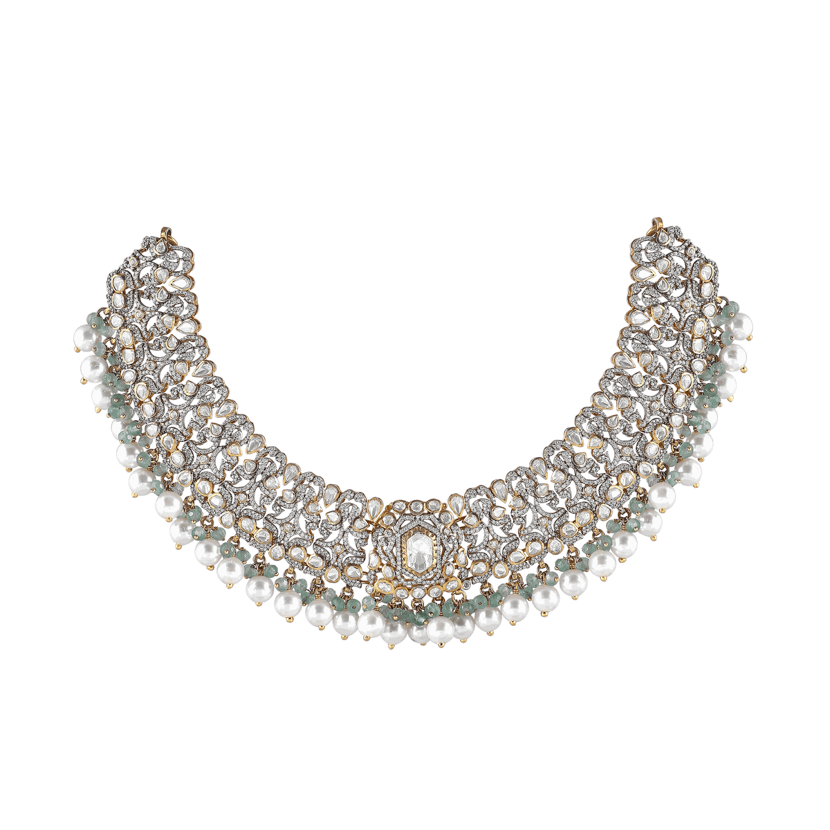 Silver Polki Pattern Short Necklace featuring intricate clear stones, floral motifs, pearl drops, and mint-green bead accents in sterling silver.