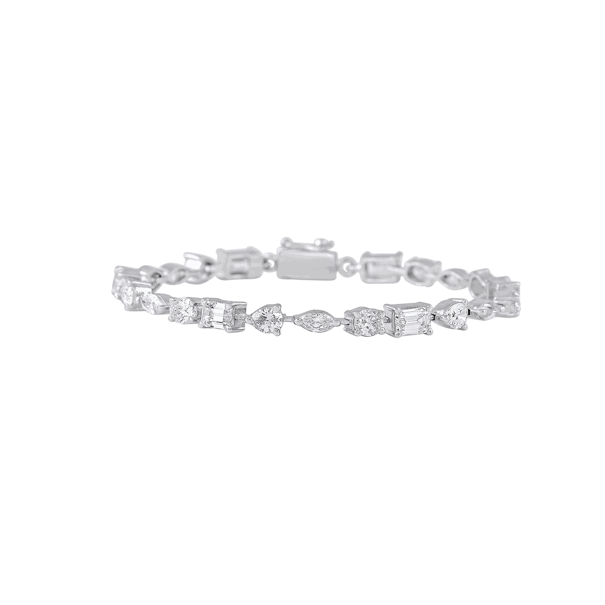 92.5 Silver Multi-Shape Tennis Bracelet featuring alternating emerald and pear-shaped clear stones set in polished silver links