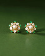 Gold Plated Silver Pearl Floral Studs with Green StonesGold Plated Silver Pearl