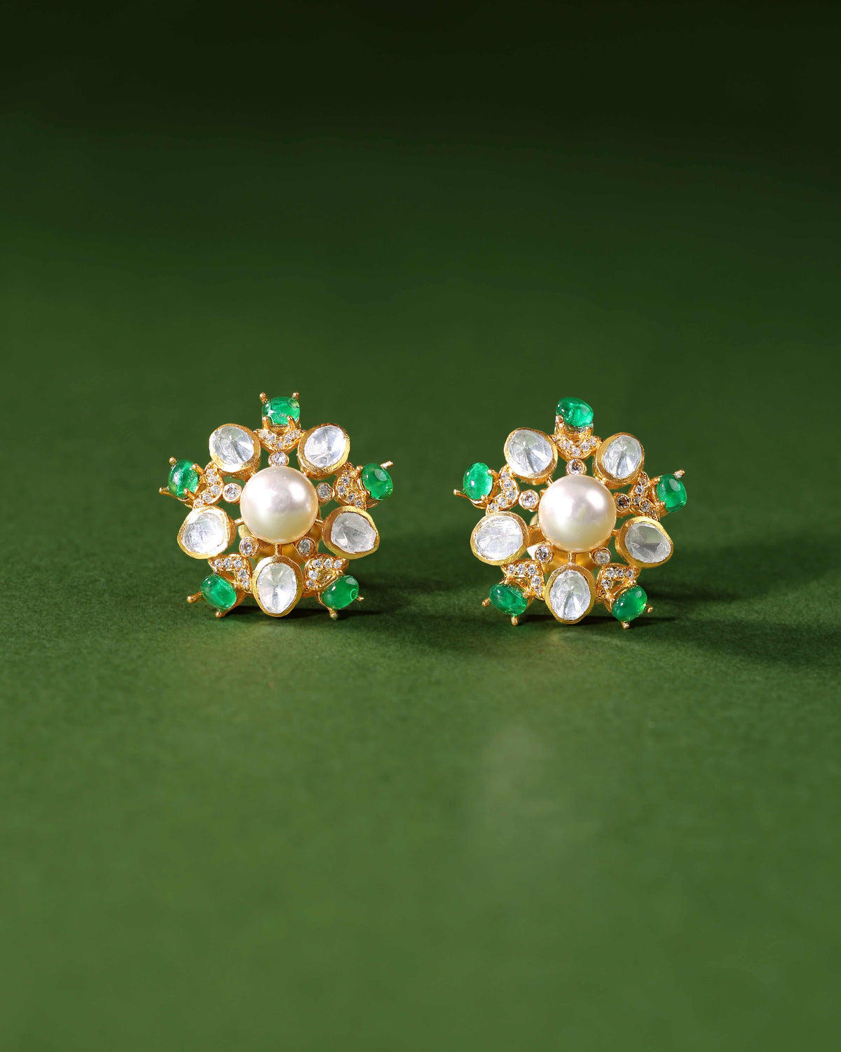 Gold Plated Silver Pearl Floral Studs with Green StonesGold Plated Silver Pearl