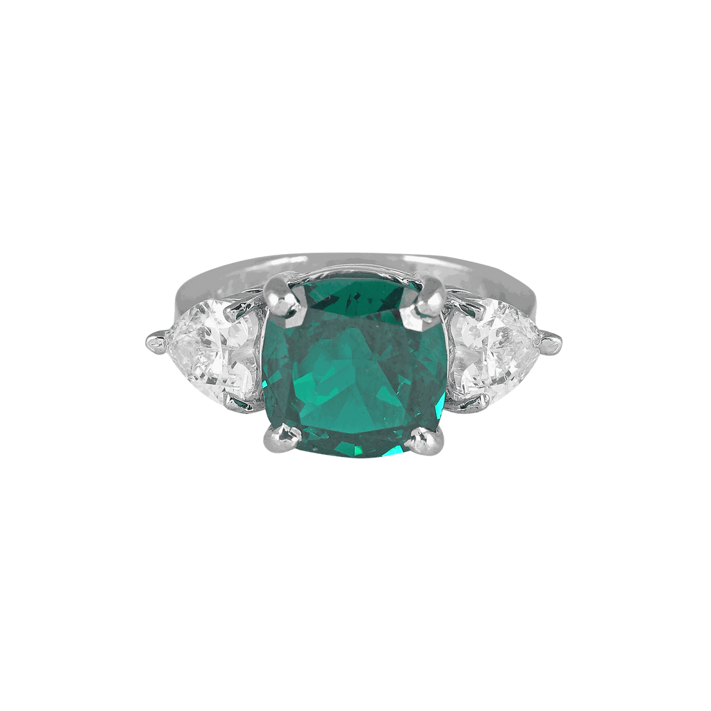Regal Cushion-Cut Silver Ring with Green StoneRegal Cushion-Cut Silver Ring