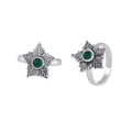 92.5 Silver Green Stone Toe Rings featuring oxidized silver star-shaped design with textured leaf patterns and central green gemstone.