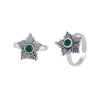 92.5 Silver Green Stone Toe Rings featuring oxidized silver star-shaped design with textured leaf patterns and central green gemstone.