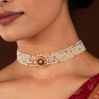 Multi-Strand Pearl Choker with CZ Floral Pendant in Gold Plated SilverMulti-Strand Pearl Choker