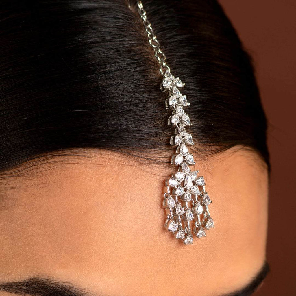 Silver CZ Maang Tikka by Tavya Jewellery - side view