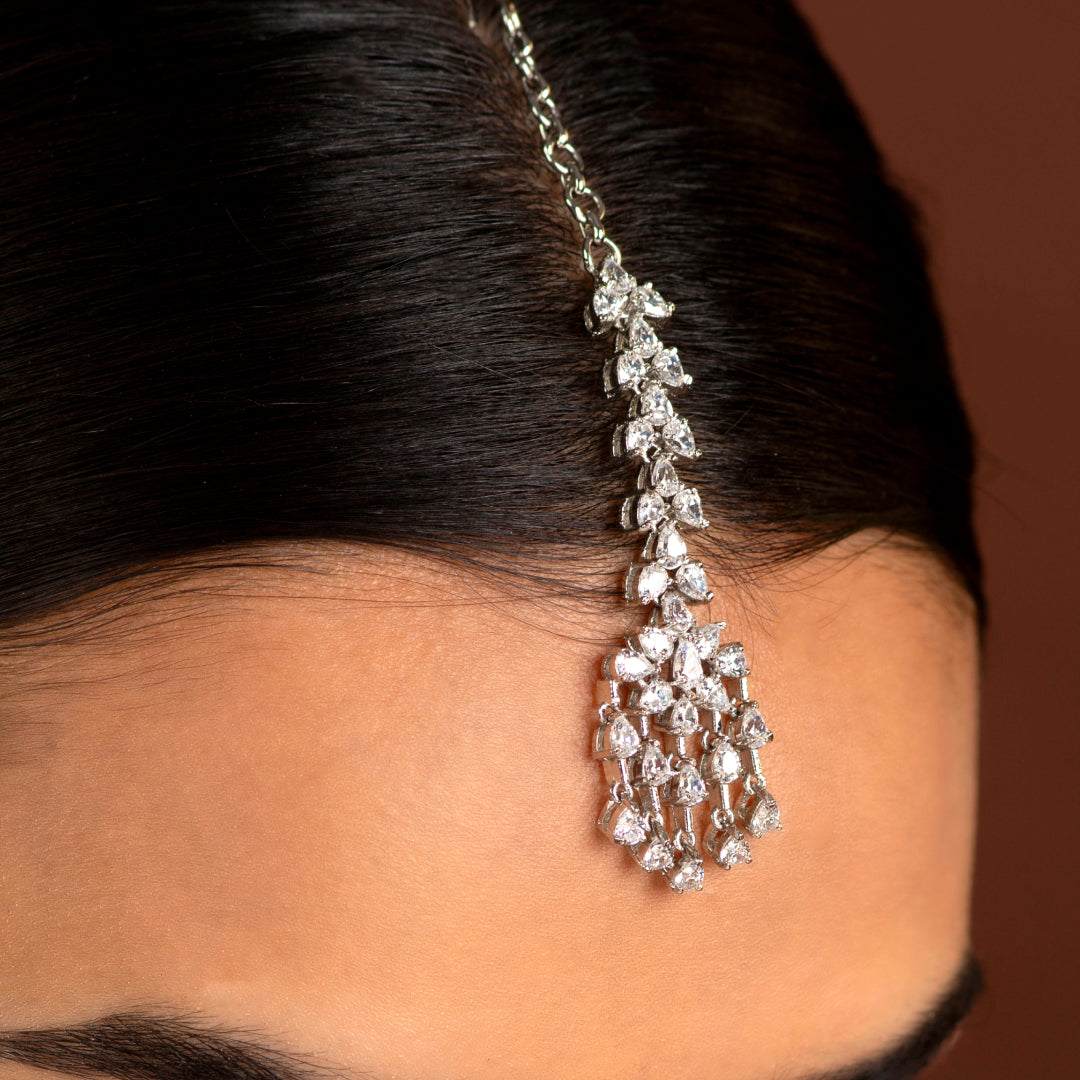 Silver CZ Maang Tikka by Tavya Jewellery - side view
