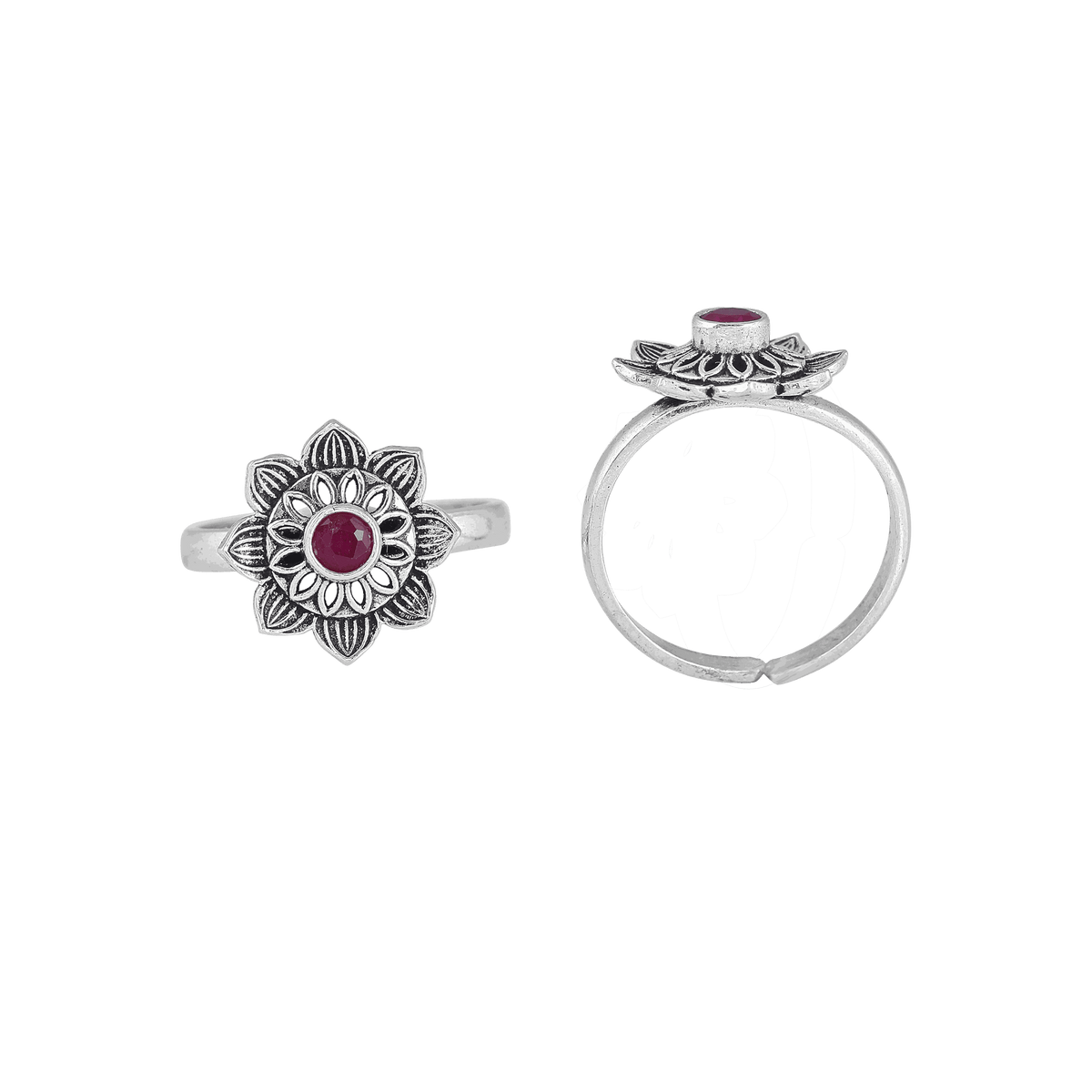 Pure 92.5 Silver Lotus-Bloom Toe Rings with Red Centre StonePure 92.5 Silver
