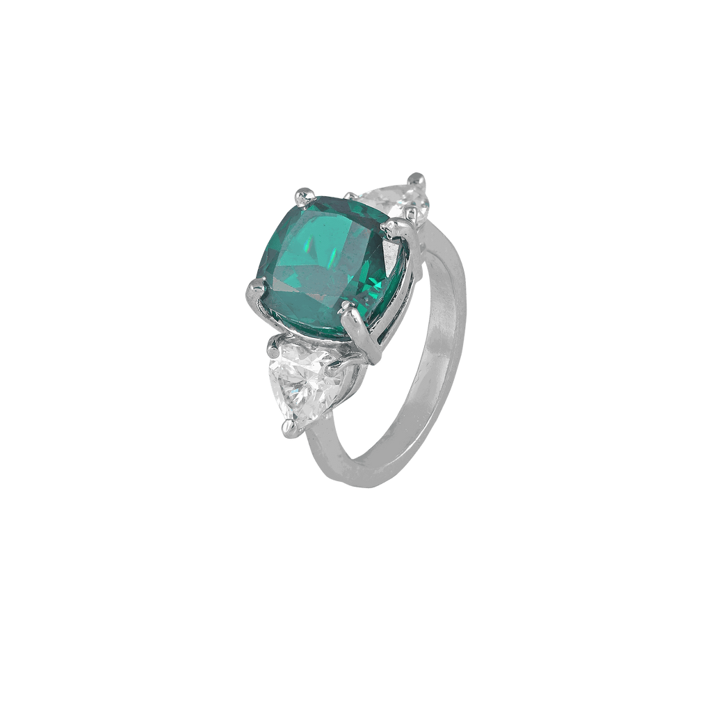 Regal Cushion-Cut Silver Ring with Green StoneRegal Cushion-Cut Silver Ring