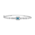 Arctic Blue Halo silver bracelet with a vibrant blue rectangular center stone, surrounded by pave and baguette clear crystals.