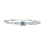 Arctic Blue Halo silver bracelet with a vibrant blue rectangular center stone, surrounded by pave and baguette clear crystals.