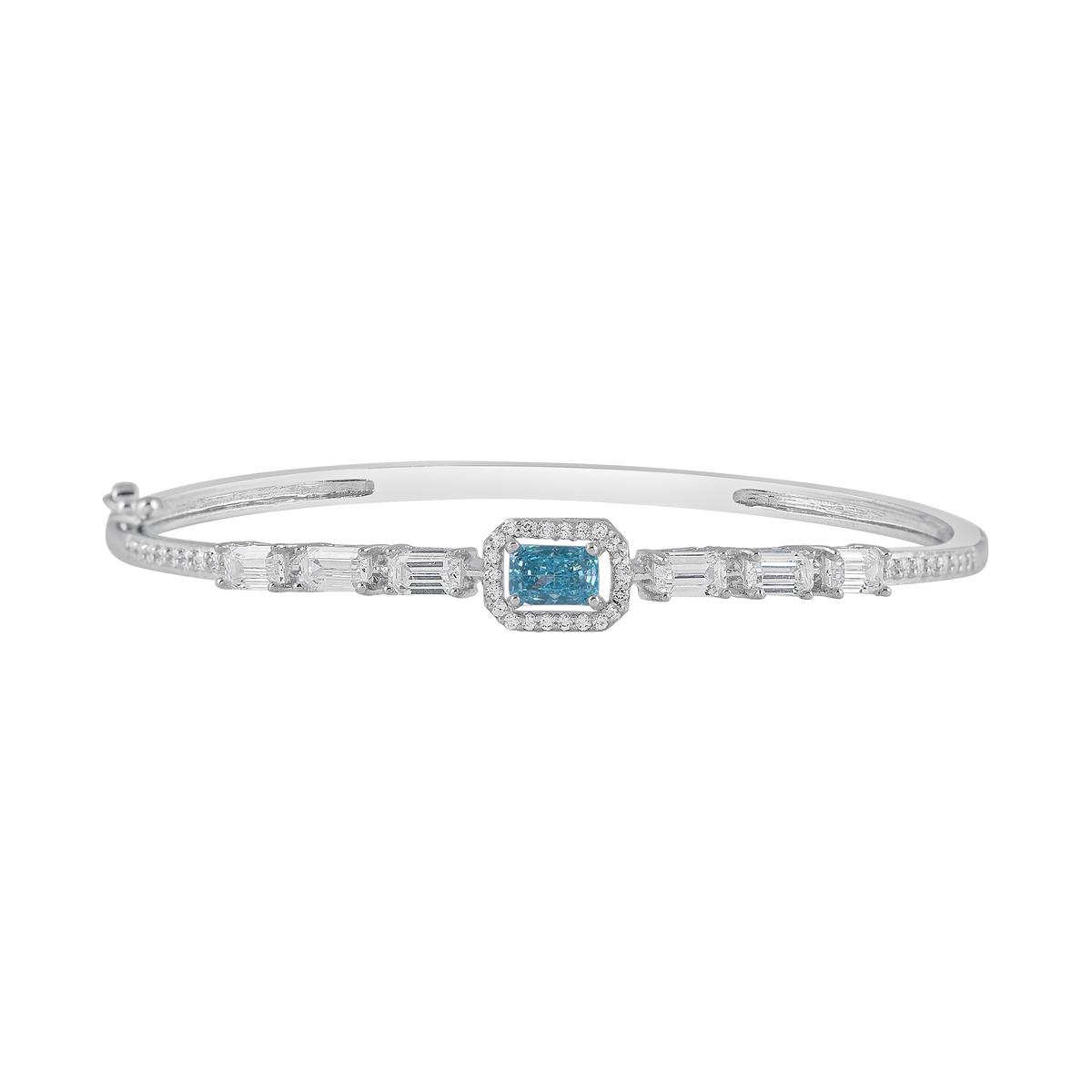 Arctic Blue Halo silver bracelet with a vibrant blue rectangular center stone, surrounded by pave and baguette clear crystals.