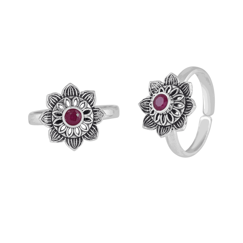 Pure 92.5 Silver Lotus-Bloom Toe Rings with Red Centre StonePure 92.5 Silver