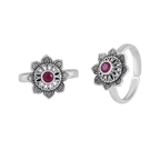 Pure 92.5 Silver Lotus-Bloom Toe Rings with Red Centre StonePure 92.5 Silver