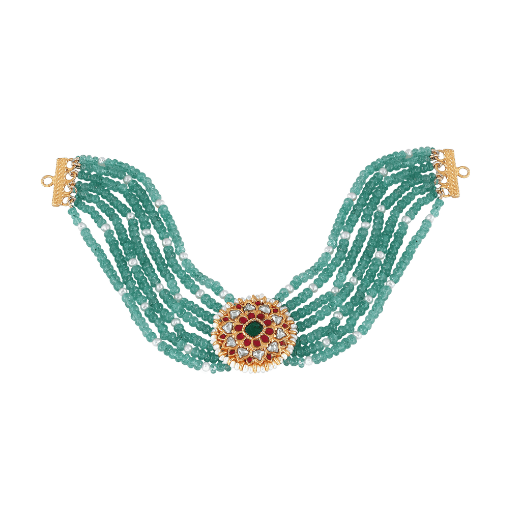 Silver Green Bead Choker Necklace With Kundan Pattern PendantSilver Green Bead Choker