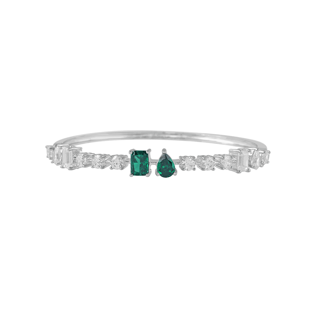 Silver bangle bracelet with Modern Geometric Green Stone rectangular and pear-cut gems, accented by round and baguette cubic zirconia