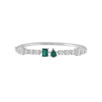 Silver bangle bracelet with Modern Geometric Green Stone rectangular and pear-cut gems, accented by round and baguette cubic zirconia