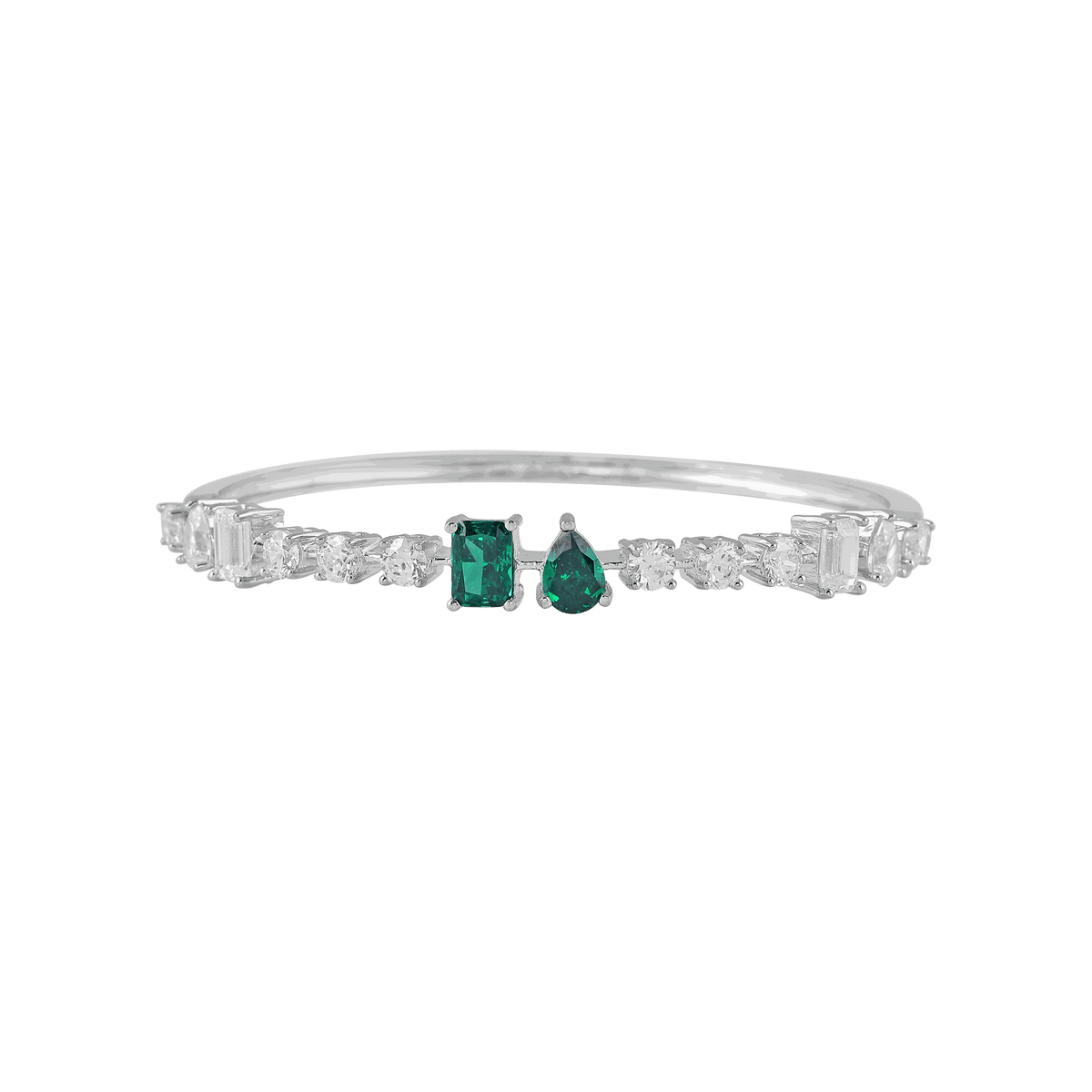 Silver bangle bracelet with Modern Geometric Green Stone rectangular and pear-cut gems, accented by round and baguette cubic zirconia