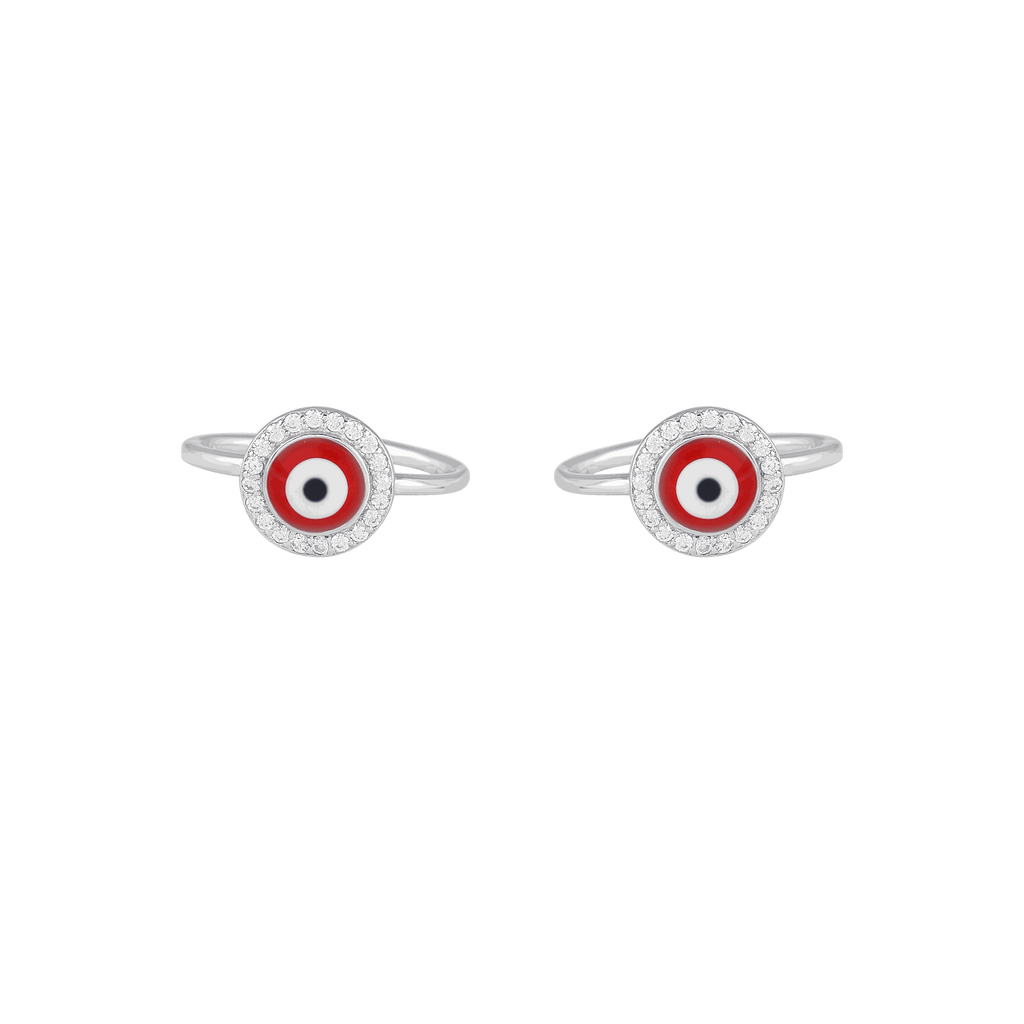 Silver Red Evil Eye Toe Rings featuring red enamel center with black and white eye pattern, surrounded by CZ stones on silver bands.