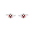 Silver Red Evil Eye Toe Rings featuring red enamel center with black and white eye pattern, surrounded by CZ stones on silver bands.