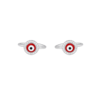 Silver Red Evil Eye Toe Rings featuring red enamel center with black and white eye pattern, surrounded by CZ stones on silver bands.