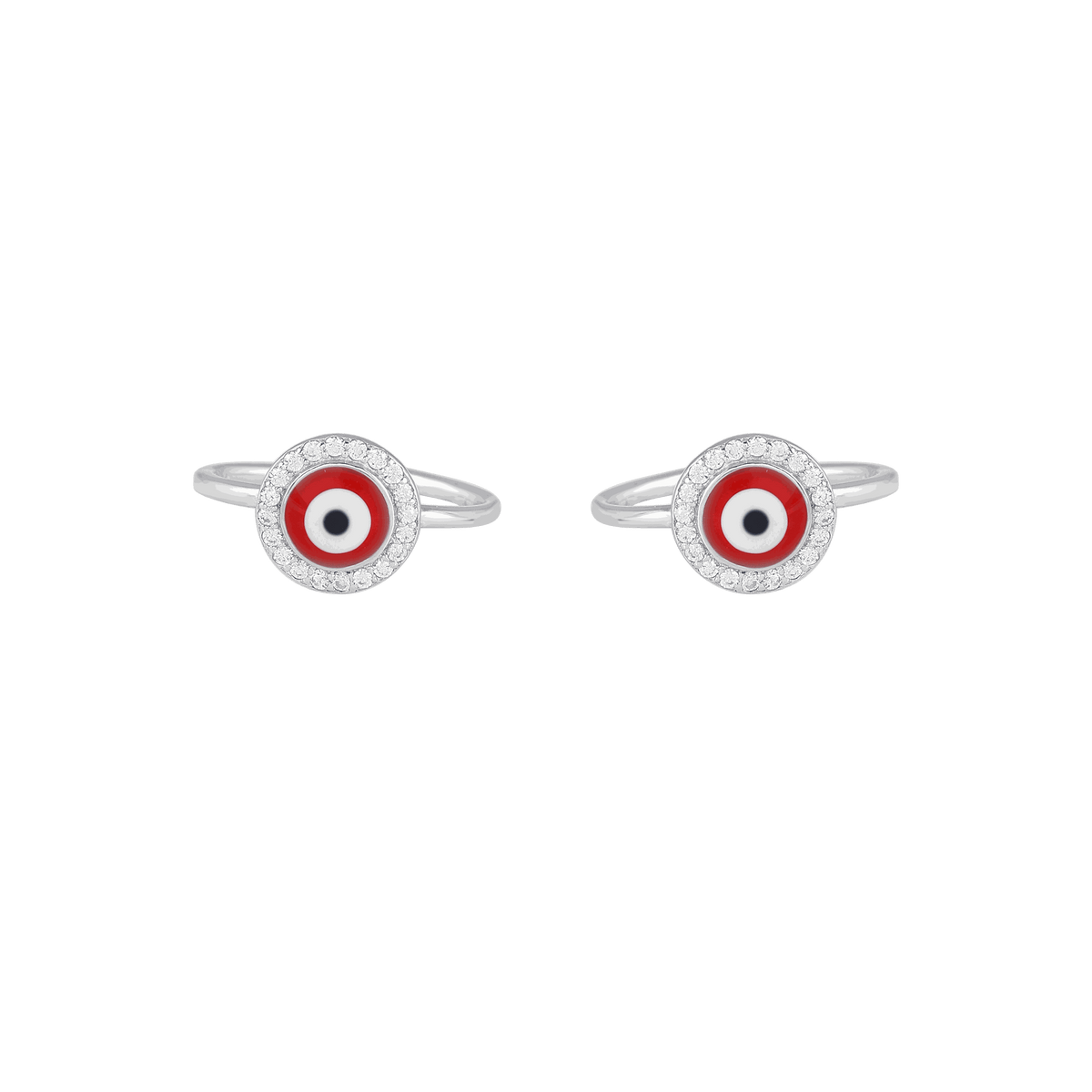 Silver Red Evil Eye Toe Rings featuring red enamel center with black and white eye pattern, surrounded by CZ stones on silver bands.