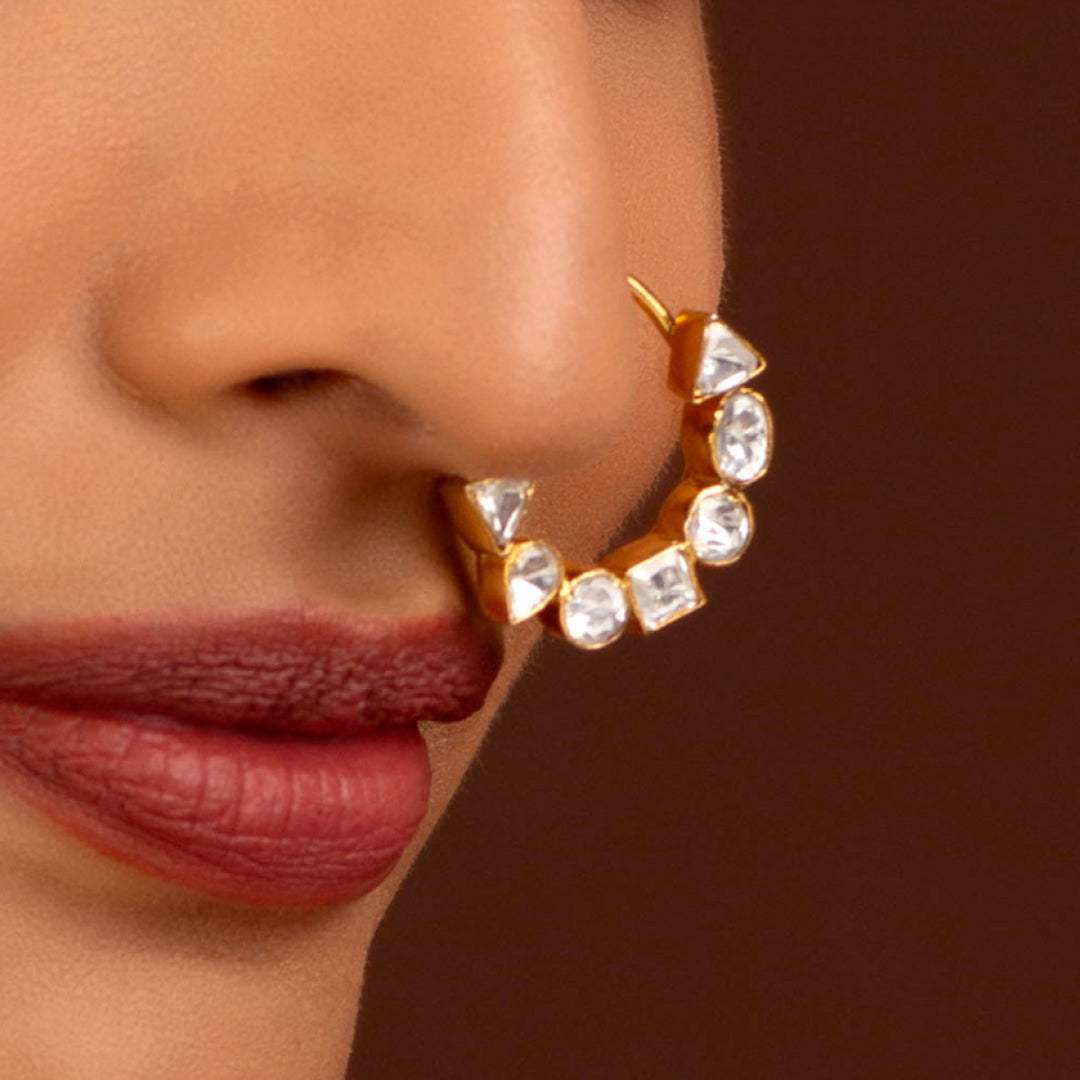 Silver Polki-Style CZ Nose Ring by Tavya Jewellery - side view