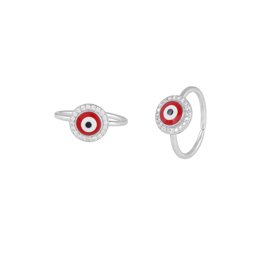 Silver Red Evil Eye Toe Rings with CZ HaloSilver Red Evil Eye Toe Rings