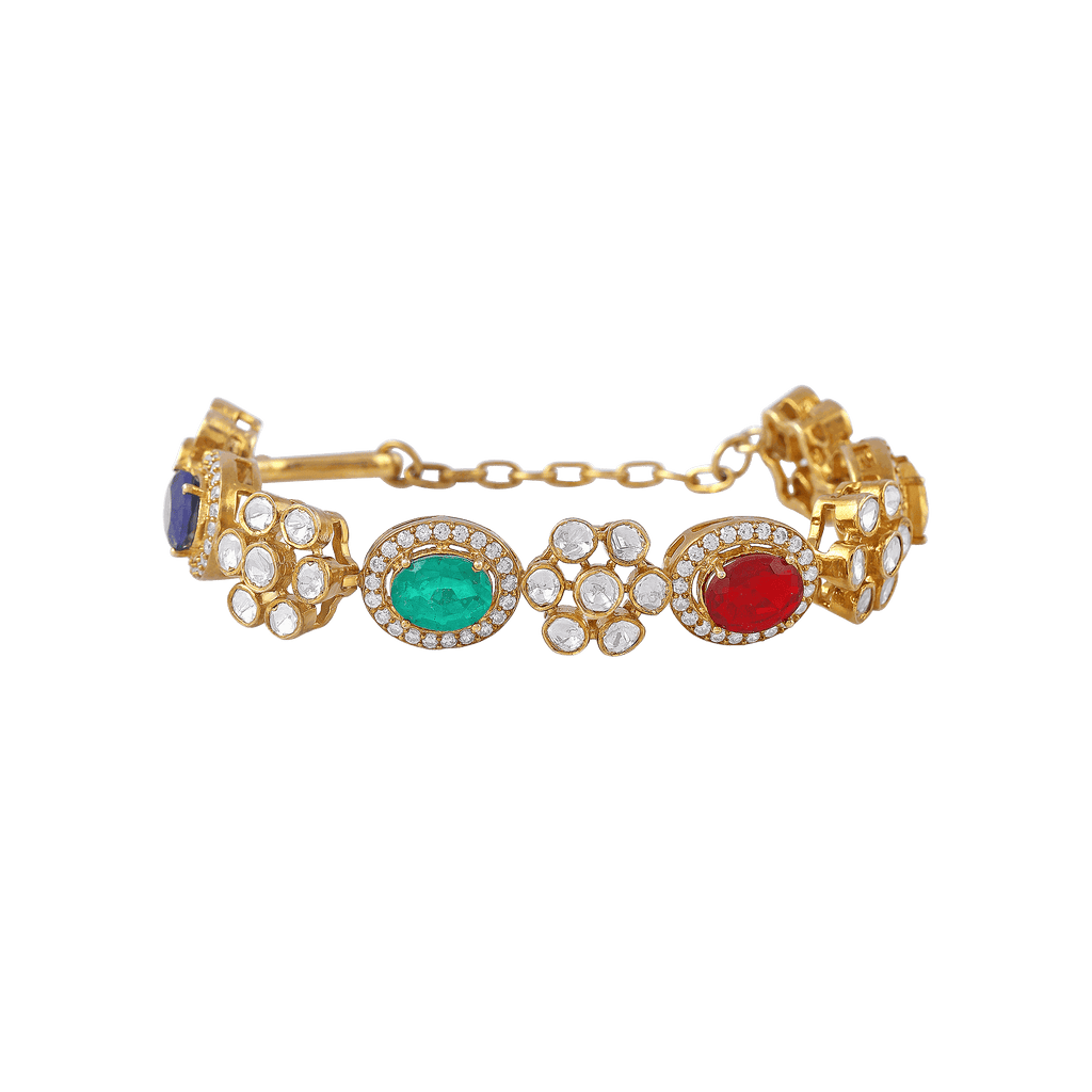 92.5 Silver gold-polished bracelet with multicolour oval and floral-shaped stones set in intricate silver-work and adjustable chain.