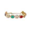 92.5 Silver gold-polished bracelet with multicolour oval and floral-shaped stones set in intricate silver-work and adjustable chain.