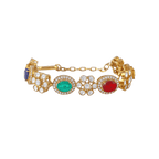92.5 Silver gold-polished bracelet with multicolour oval and floral-shaped stones set in intricate silver-work and adjustable chain.