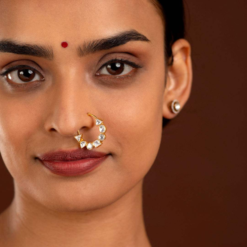 Silver Polki-Style CZ Nose Ring by Tavya Jewellery - styled close-up