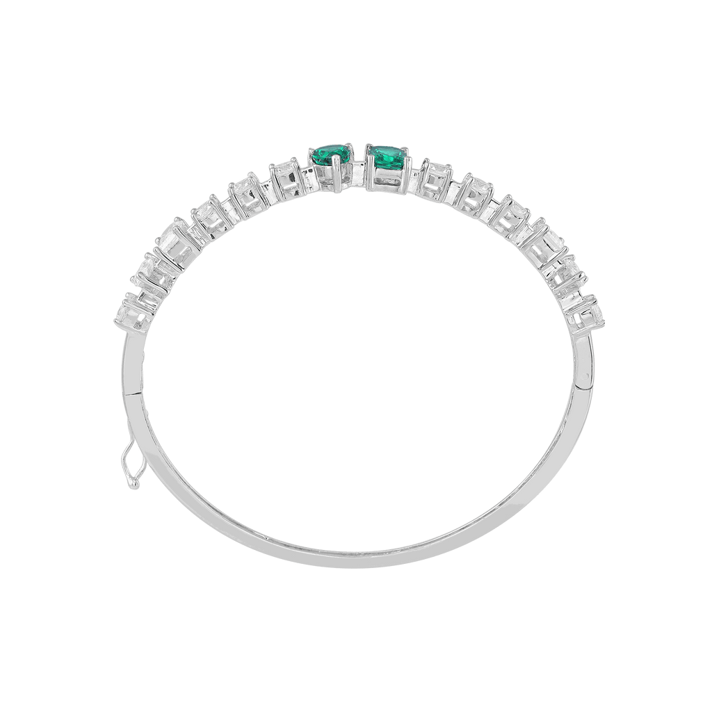 Modern Geometric Green Stone Silver Bracelet by Tavya Jewellery - styled close-up