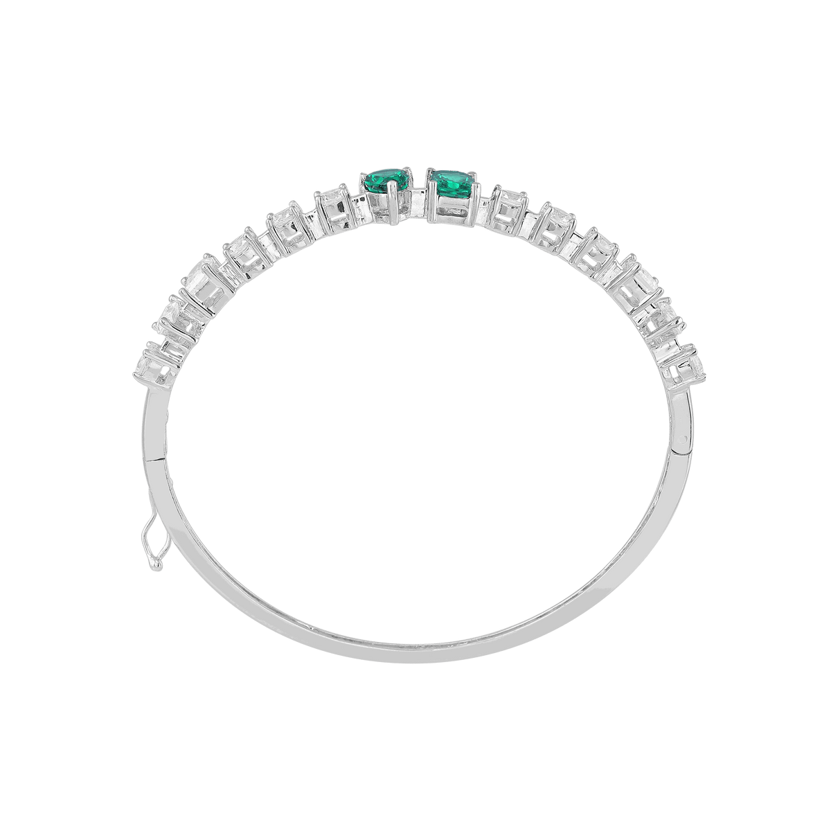 Modern Geometric Green Stone Silver Bracelet by Tavya Jewellery - styled close-up