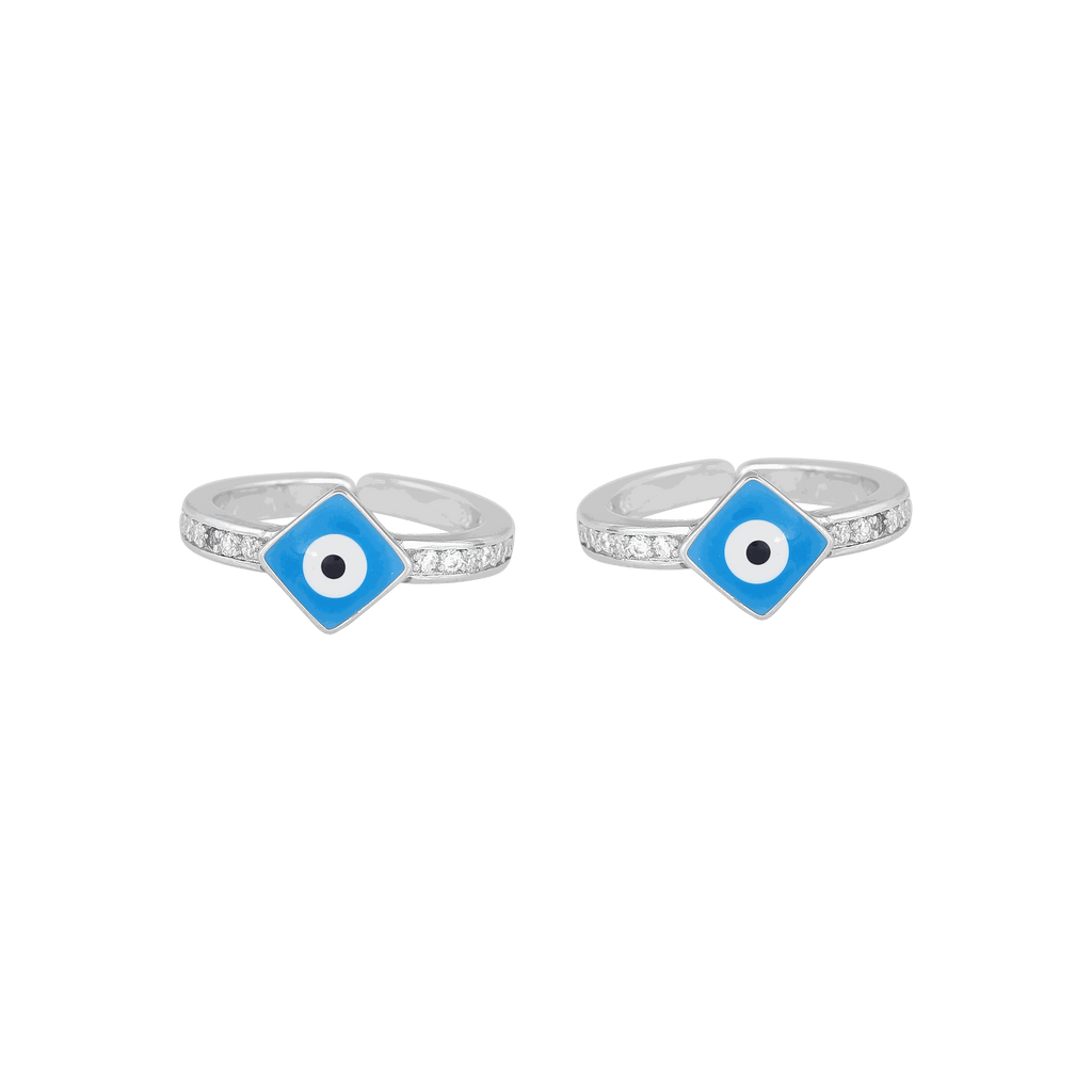 92.5 Silver Evil Eye toe rings with blue enamel diamond-shaped charm and CZ-studded silver bands with high-polish finish