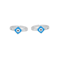 92.5 Silver Evil Eye toe rings with blue enamel diamond-shaped charm and CZ-studded silver bands with high-polish finish