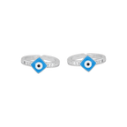 92.5 Silver Evil Eye toe rings with blue enamel diamond-shaped charm and CZ-studded silver bands with high-polish finish