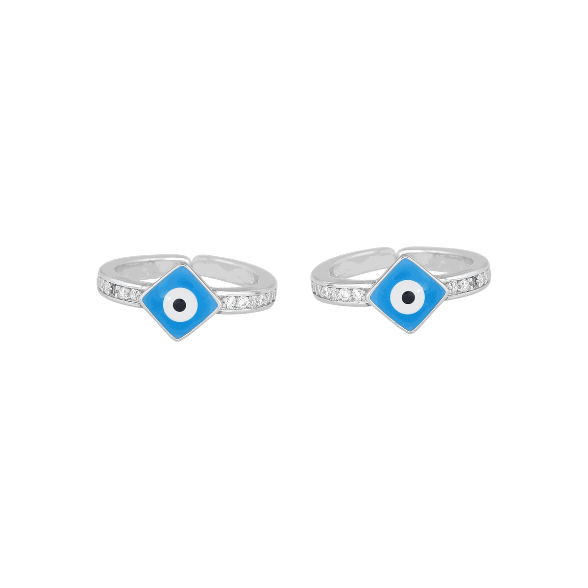 92.5 Silver Evil Eye toe rings with blue enamel diamond-shaped charm and CZ-studded silver bands with high-polish finish
