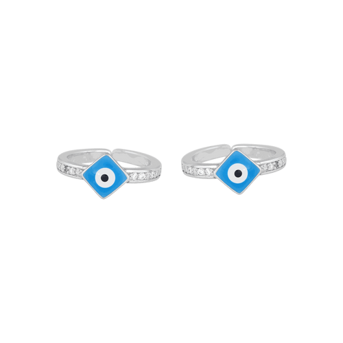 92.5 Silver Evil Eye toe rings with blue enamel diamond-shaped charm and CZ-studded silver bands with high-polish finish